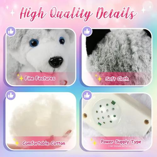 Miniatura 6 de Perro husky de peluche con luces LED suave y brillante, juguete de cachorro con luces nocturnas mágicas para el día de los niños, cumpleaños