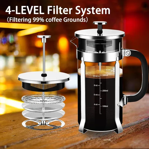 Miniatura 2 de YMMIND Cafetera de prensa francesa de acero inoxidable 304 con sistema de 4 filtros, vidrio de borosilicato resistente al calor, tetera de té libre