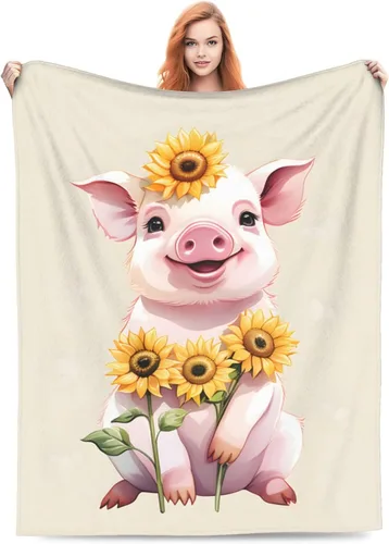 Manta Linda con Diseño de Cerdito y Girasol, Regalos para Adultos y Niños, Manta de Franela de Dibujos Animados, Cerdito y Lechón, Suave, Cómoda y