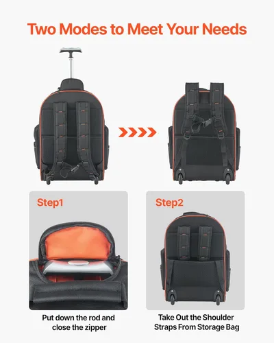Miniatura 5 de VEVOR Mochila para herramientas rodantes, capacidad de carga de 110 libras, 72 bolsillos, bolsa de herramientas resistente sobre ruedas, mango
