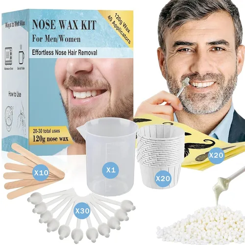 Kit de cera nasal de 4.23 oz con 30 aplicadores blancos, 20 protectores de bigote, 20 vasos de papel, depilación de nariz sin dolor para al menos 20