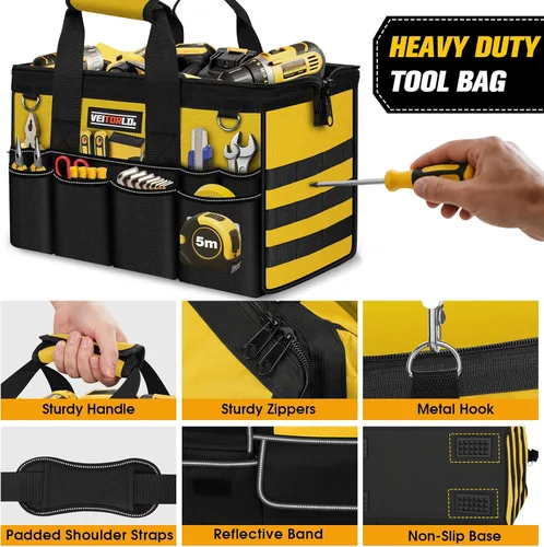 Miniatura 6 de Bolsa de herramientas resistente de 16 pulgadas, organizador de caja de herramientas de 19 bolsillos, bolsa de herramientas portátil con asa suave