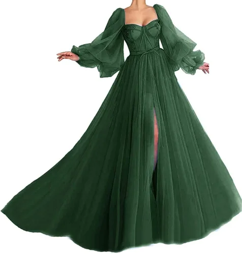 Tianzhihe Vestido de fiesta de noche con manga abullonada de tul vintage con escote corazón dividido