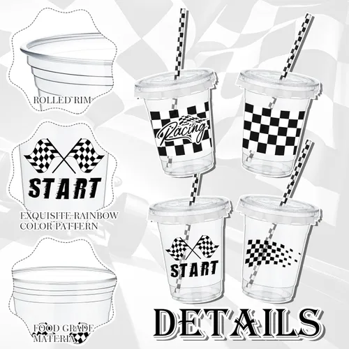 Miniatura 4 de FoldTier 50 vasos de plástico para fiestas de carreras a cuadros, 12 onzas, color blanco y negro, con bandera a cuadros transparentes con pajitas