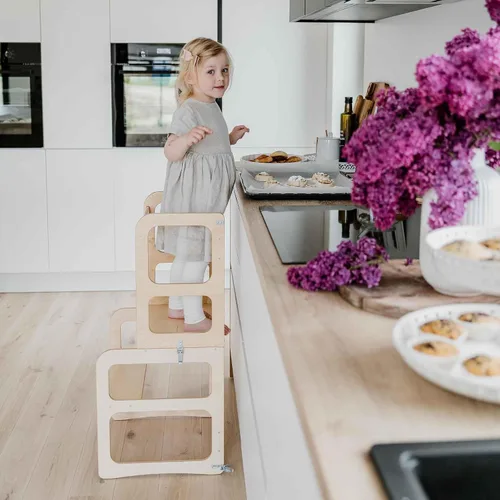 Torre de cocina Montessori y taburete de observación para niños, mesa y silla plegable, torre de observación de cocina (color lacado/madera)