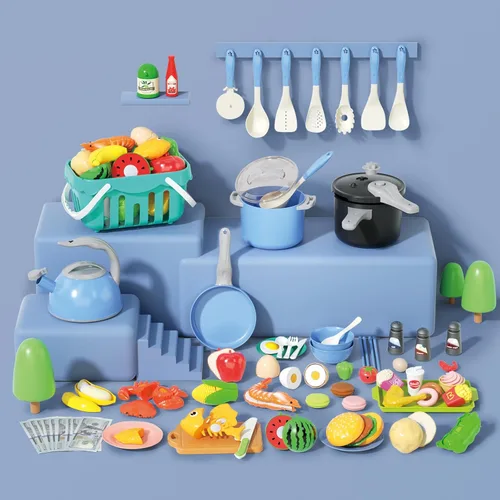 Miniatura 3 de 130 piezas de juego de cocina, ollas y sartenes de juego de simulación para niños pequeños, utensilios de cocina, alimentos diarios, frutas y Azul