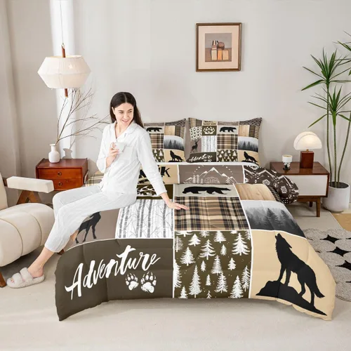 Miniatura 5 de Juego de edredón rústico para niños estilo granja de tamaño queen, juego de ropa de cama con diseño de astas de ciervo y huellas de oso, estampado a