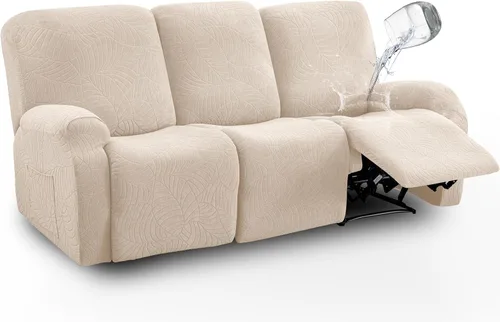 Miniatura 9 de vctops Funda repelente al agua para silla reclinable de 4 piezas con bolsillo lateral, diseño de hojas de jacquard, elástica, suave, protector