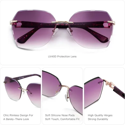 Miniatura 16 de ZENOTTIC Lentes de sol sin montura de gran tamaño para mujer, diseño geométrico de corte de diamante, lentes degradados, protección UV, tonos de moda
