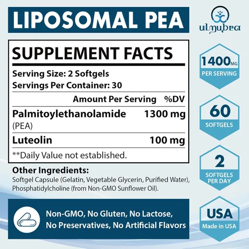 Miniatura 4 de Ulmubra Palmitoiletanolamida liposomal 1300 mg más luteolina 100 mg, absorción superior, suplemento de guisante micronizado para el manejo
