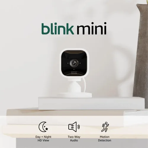 Blink Mini - Cámara de seguridad inteligente compacta, conectable, para interiores, con video de alta definición 1080 y detección de movimiento,
