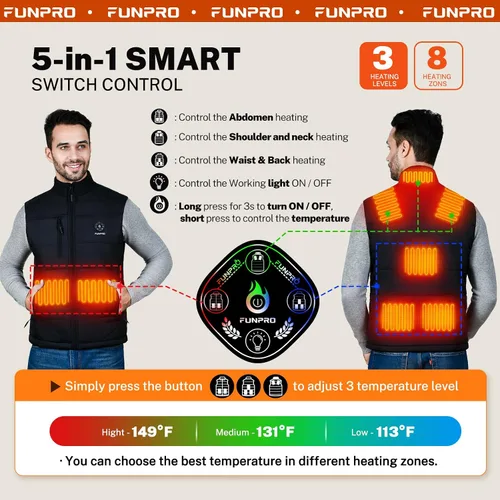 Miniatura 4 de FUNPRO Heated Vest men, Lightweight Heated Jacket with 10000mAh Battery Pack, 5 in 1 Smart Controller, Lights-out Design