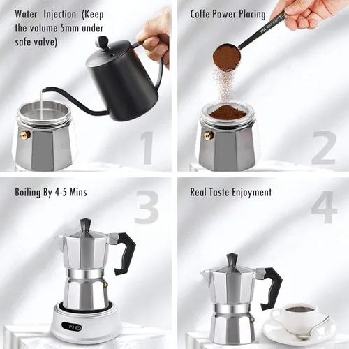 Miniatura 7 de Moka Pot - Cafetera y cafetera para estufa, cafetera italiana, cafetera Greca, cafeteras, plata (6 tazas)