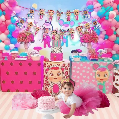 Miniatura 4 de Cartel de feliz cumpleaños de Cri Babes, decoración de fiesta temática de dibujos animados de muñeca de bebé, colorido cartel colgante