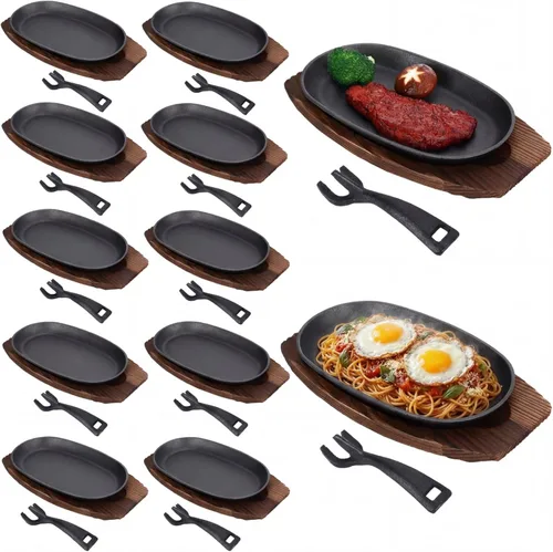 Miniatura 14 de Mifoci Juego de 12 sartenes ovaladas de hierro fundido para fajita, plato pequeño para carne chisporroteante con base de madera y mango, sartén