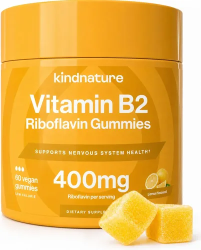 kindnature Gomitas de vitamina B2 – Suplemento de riboflavina de 400 mg para niños y adultos – sin OMG, sin soja ni gluten, gomitas masticables