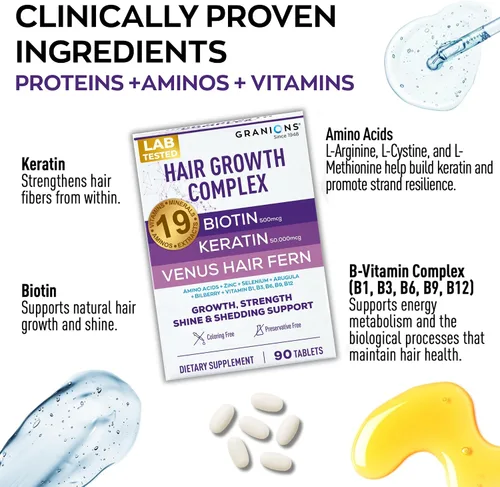 Miniatura 3 de Granions Suplementos para el crecimiento del cabello, biotina, queratina y aminoácidos, pastillas de zinc y selenio para mujeres y hombres