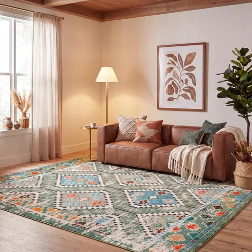 Miniatura 32 de SAFAVIEH Madison Collection - Alfombra de pasillo de 2 pies 2 pulgadas x 6 pies, color verde y beige, diseño bohemio de diamante, no desprende