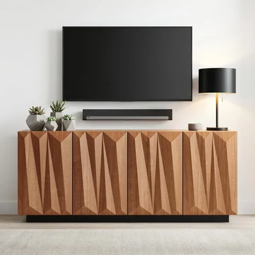 Miniatura 4 de Aparador geométrico contemporáneo de 60 pulgadas con puertas triangulares 3D y base flotante, gabinete de almacenamiento de credenza de nogal claro