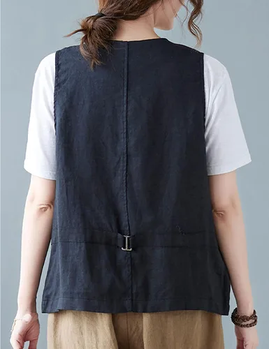 Miniatura 5 de Bozanly Chaleco sin mangas con botones para mujer, estilo casual, cuello en V, de lino y algodón, con bolsillos