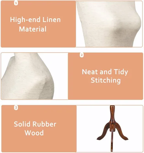 Miniatura 4 de Bonnlo Forma de vestido femenino mejorada, cuerpo torso de maniquí con soporte de madera de caucho ajustable para exhibición de vestidos y joyas