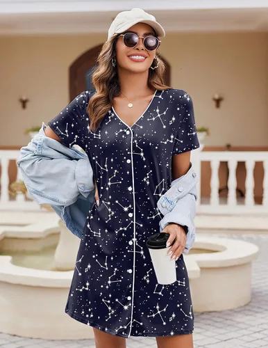 Miniatura 2 de Ekouaer Camisón de manga corta con botones para mujer, camisón suave con cuello en V