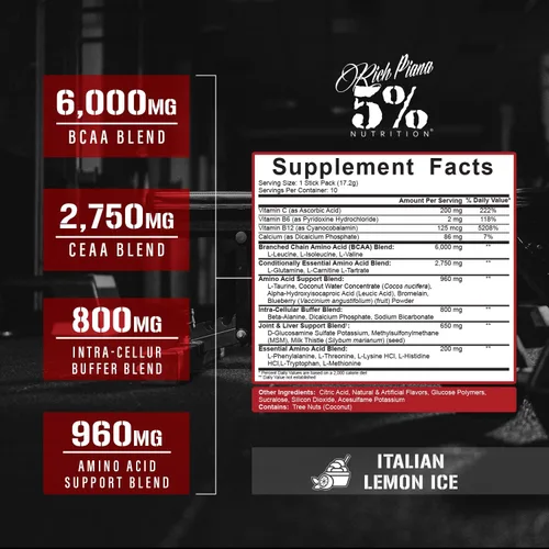 Miniatura 2 de 5% Nutrition Rich Piana AllDayYouMay BCAA Powder 9g de aminoácidos premium intra y post entrenamiento para hidratación, resistencia, recuperación