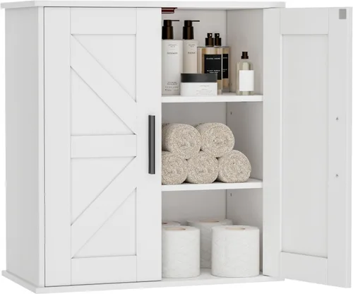 Miniatura 14 de Homleke Armario de pared para baño, armario de almacenamiento sobre inodoro con puertas de granero y estantes ajustables, botiquín de 3 niveles