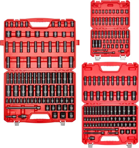 Miniatura 9 de VEVOR Juego de llaves de impacto de 1/4, 3/8 y 1/2 pulgadas, 210 piezas métricas y estándar completas, profundo y poco profundo, CR-V, 6 puntos
