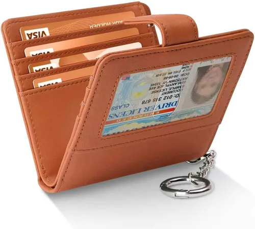 Miniatura 17 de FurArt Cartera plegable para mujer con 9 ranuras, bloqueo RFID, ventana de identificación, cartera compacta con llavero