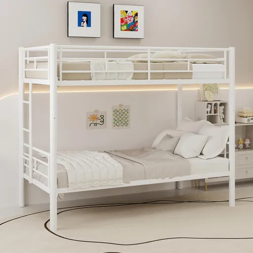 Miniatura 10 de GNIXUU Litera de metal individual sobre individual, literas modernas con escalera y barandilla de longitud completa, litera resistente