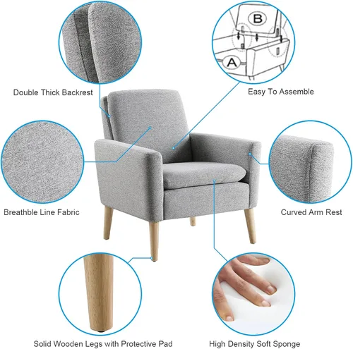 Miniatura 5 de Juego de 2 sillas decorativas para sala de estar, silla de lectura cómoda tapizada de tela, sillón moderno de mediados de siglo para dormitorio, Gris