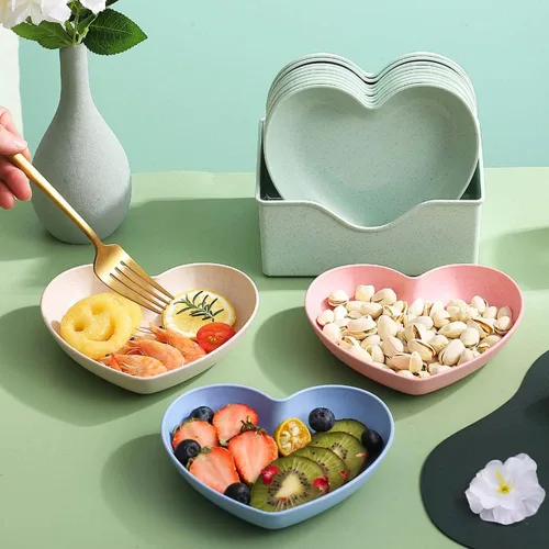 Miniatura 9 de Juego de 10 platos llanos en forma de corazón, platos de 6 pulgadas, bandeja de frutas, cuencos de aperitivos sin BPA (rosa)