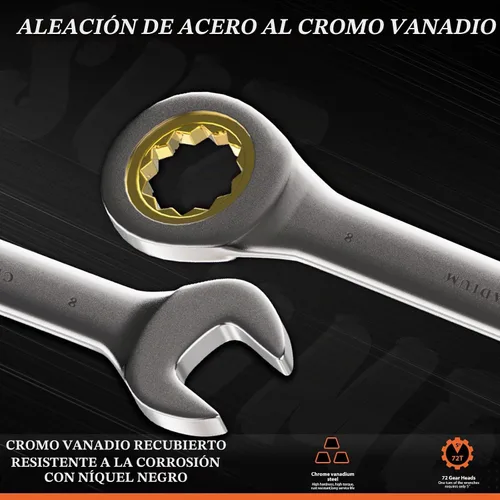 Miniatura 6 de SUZUME Juego de 24 piezas de llaves de carraca SAE y métricas (1/4" - 7/8" & 8-19mm) Engranajes bloqueados de ciclo de más de 15K 72T Cr-V Juego