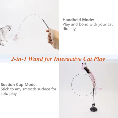 Miniatura 6 de Juego de 12 juguetes interactivos de varita de plumas para gatos, 11 recambios de pájaros y plumas con campanas + varita de succión flexible, diseño