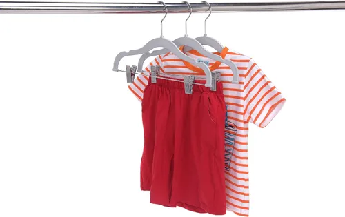 Miniatura 9 de Perchas de plástico de calidad para niños, no aterciopeladas, delgadas, compactas, con clips de metal, para faldas, pantalones, blusas, gancho Gris