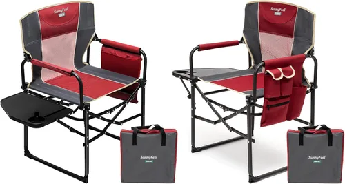 SUNNYFEEL Silla de directores de campamento de gran tamaño, paquete de 2, sillas plegables portátiles para adultos resistentes con mesa auxiliar,