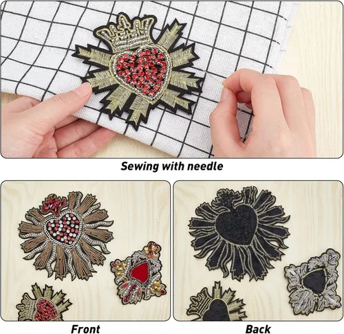 Miniatura 6 de INFUNLY Parches de lentejuelas con cuentas, 3 parches geniales para chaquetas, parches de corazón de diamantes de imitación, parches para coser