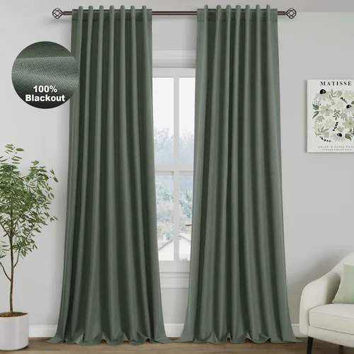 Miniatura 57 de Cortinas de lino 100% opacas para dormitorio, 102 pulgadas de largo, con pestaña trasera, bolsillo para barra, paneles acústicos con aislamiento
