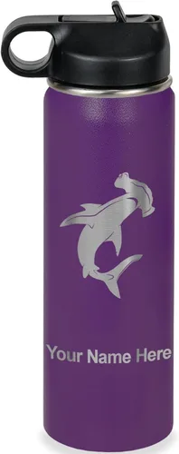 Miniatura 42 de LaserGram Botella de agua personalizada, tiburón martillo, acero inoxidable de doble pared aislada al vacío con popote superior, regalo grabado