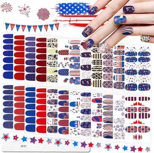 Miniatura 7 de 336 piezas de 24 hojas de 4 de julio, Día de la Independencia, tiras de esmalte de uñas patrióticas, tiras de uñas autoadhesivas para el Día