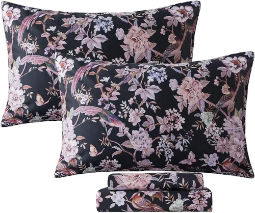 Miniatura 102 de FADFAY Juego de sábanas tamaño King, 100% algodón, elegante ropa de cama de granja con hojas verdes menta y flores blancas, sábana suave