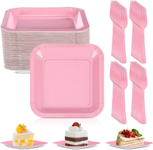 Miniatura 7 de Dandat 100 platos pequeños de papel negro de 7 pulgadas, platos cuadrados desechables para tartas con tenedores de postre de plástico, vajilla