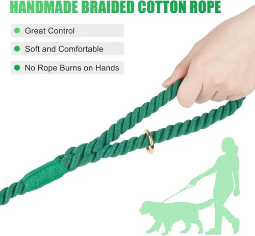 Miniatura 3 de Correa para Perro de 5 Pies Hecha a Mano de Cuerda de Algodón Trenzada para Perros Pequeños, Medianos y Grandes, Nuevo Cierre de Metal Dorado Verde