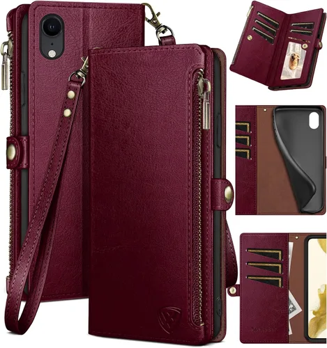 Miniatura 9 de XcaseBar Funda tipo cartera para iPhone XR de 6.1 pulgadas con bloqueo RFID, soporte para tarjetas de crédito con cremallera, funda de piel