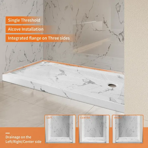Miniatura 6 de CKB Base de ducha de 60 pulgadas de largo x 30 pulgadas de ancho, umbral único, drenaje derecho con superficie texturizada antideslizante, sartén