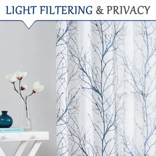 Miniatura 3 de FMFUNCTEX Cortinas de Lino Semitransparentes para Dormitorio, Cortinas Azules y Blancas de 63 Pulgadas de Largo para Sala de Estar, Cortinas de Rama