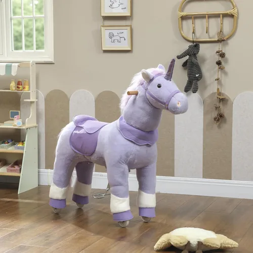 Miniatura 9 de Qaba Caballo de montar para niños de 4 a 7 años, unicornio de felpa de 37.8 pulgadas de altura, animal caballo que camina con ruedas rodantes