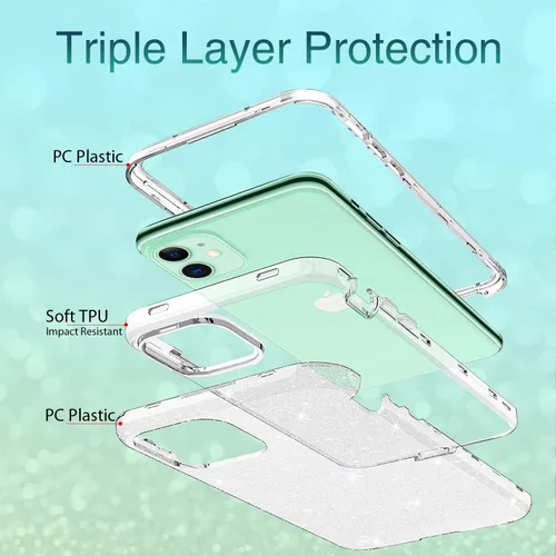 Miniatura 7 de Funda protectora completa con purpurina cristalina para iPhone 11 híbrido 3 en 1, resistente a prueba de golpes, para mujeres y niñas, transparente