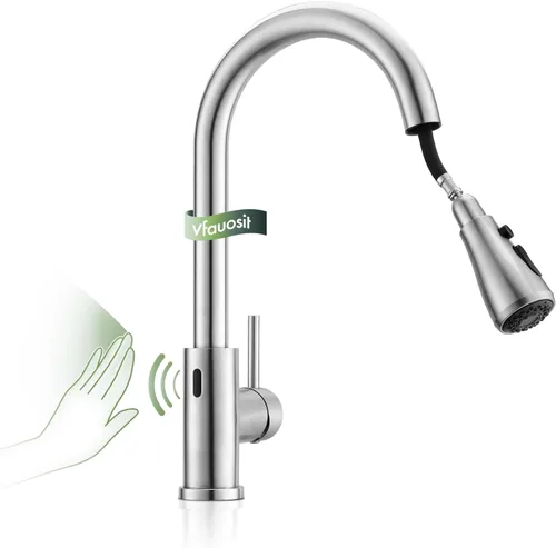 Miniatura 16 de VFAUOSIT - Grifo de cocina con rociador extraíble, grifo de fregadero de cocina sin plomo, níquel cepillado, acero inoxidable, arco alto, extracción